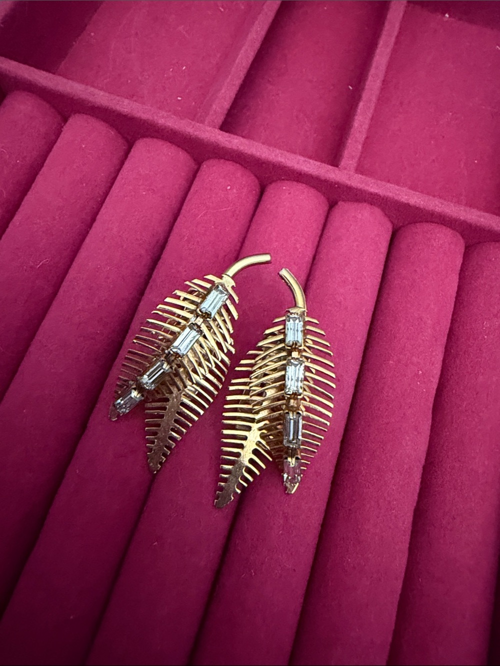 Gold Leaf Baguette Crystal Drop Earrings